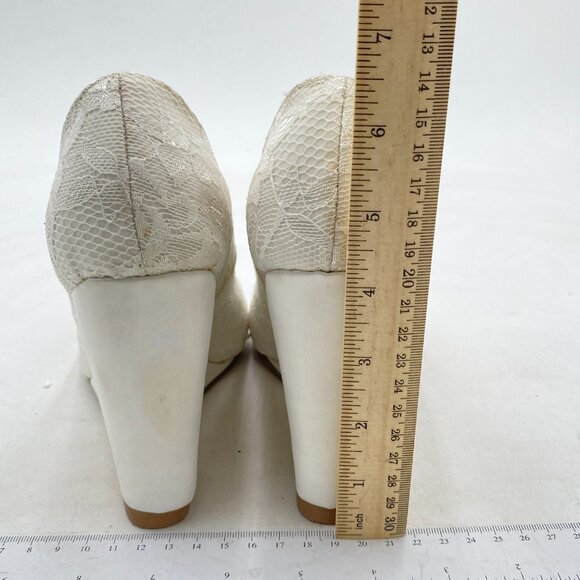 FSJ White Lace Pearl Wedding Wedge Pumps Elegant Peep Toe Bridal Evening Shoes - Picture 4 of 7